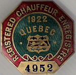 1922 Quebec Registered Chauffeur Enregistre