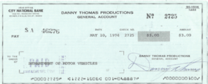 Danny Thomas 1974 Check to Department of Motor Vehicles