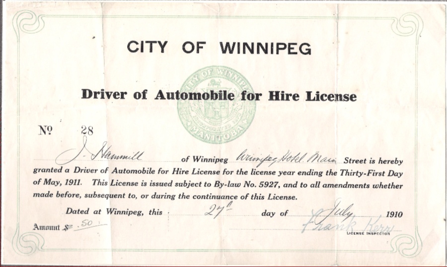 1910 Winnipeg Driver for Hire License