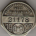 1927 West Virginia Registered Chauffeur